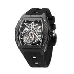 Carbon fiber case skeleton watch with bold star design, inspired by luxury motorsport timepieces