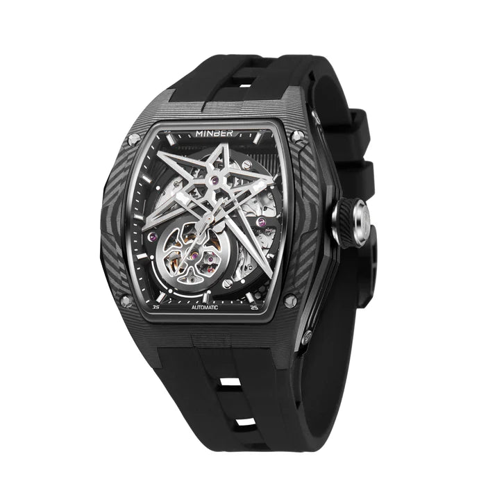 Carbon fiber case skeleton watch with bold star design, inspired by luxury motorsport timepieces