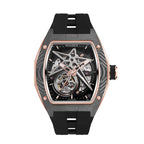 Luxury skeleton watch with carbon fiber case, rose gold accents, and bold motorsport-inspired design for everyday wear.