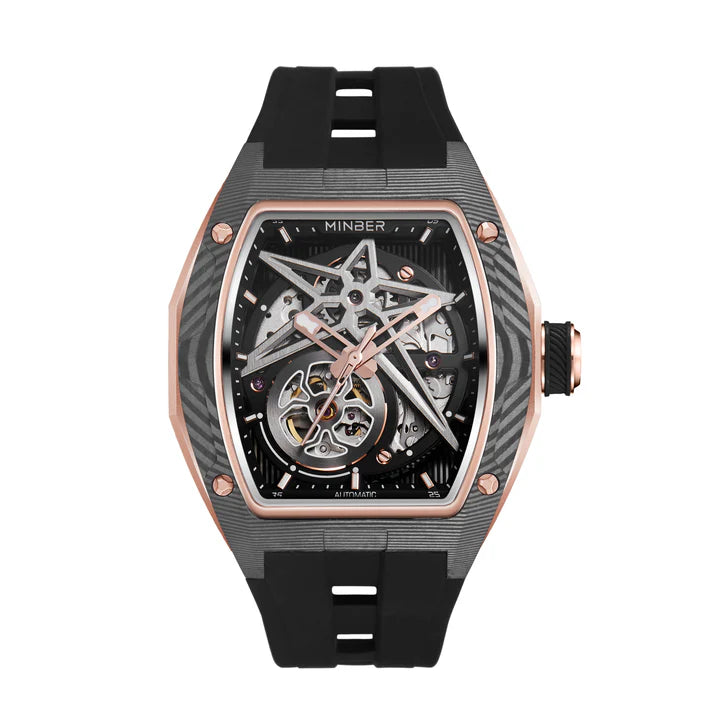 Luxury skeleton watch with carbon fiber case, rose gold accents, and bold motorsport-inspired design for everyday wear.