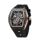 Luxury skeleton watch with carbon fiber case, rose gold accents, and bold sporty design inspired by motorsport performance.