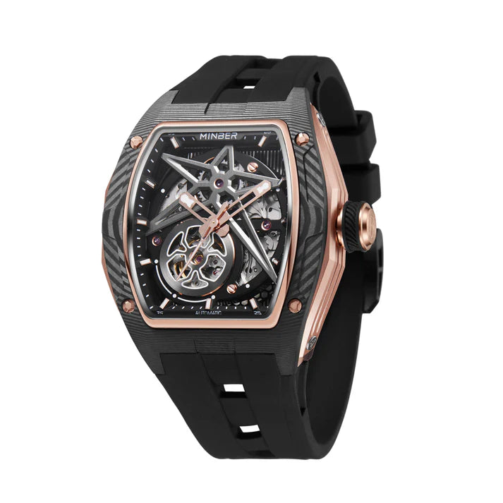 Luxury skeleton watch with carbon fiber case, rose gold accents, and bold sporty design inspired by motorsport performance.