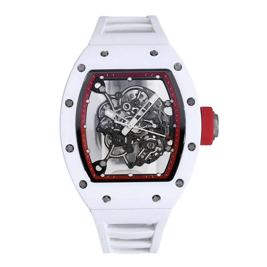 White tonneau-shaped skeleton watch with red crown, motorsport-inspired luxury design