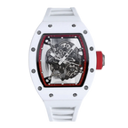White tonneau-shaped skeleton watch with red crown, motorsport-inspired luxury design