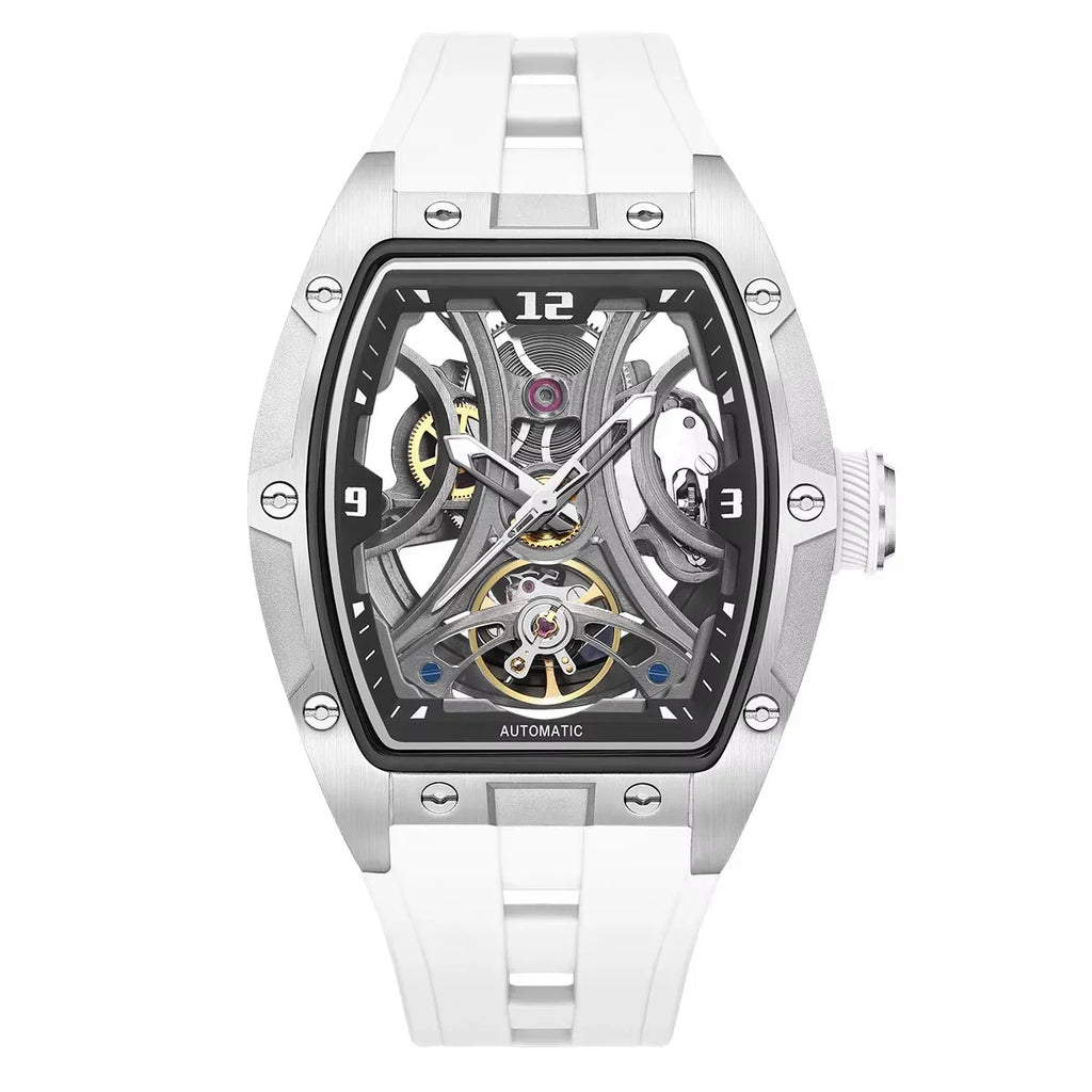 Motorsport-inspired skeleton automatic watch with tonneau case and white band, bold luxury style