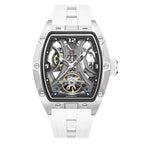 Motorsport-inspired skeleton automatic watch with tonneau case and white band, bold luxury style