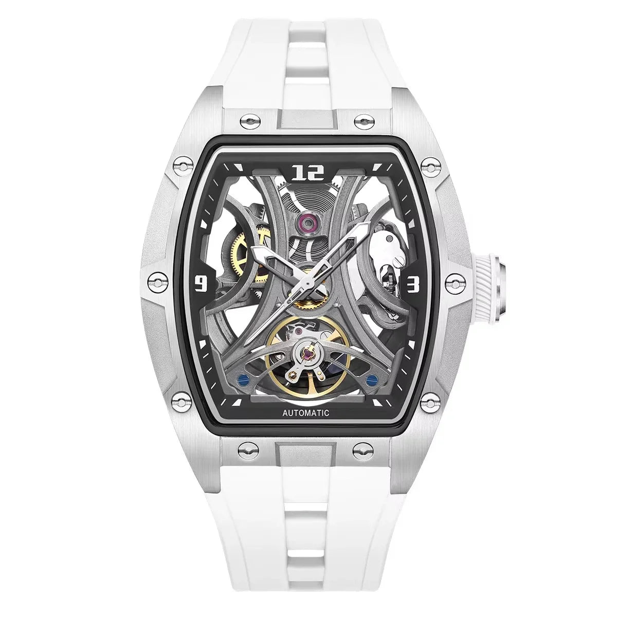 Motorsport-inspired skeleton automatic watch with tonneau case and white band, bold luxury style