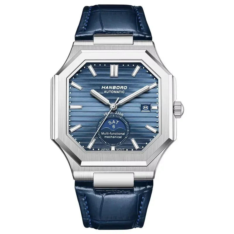 Luxury octagonal automatic watch with blue dial, day-date display, and blue leather strap