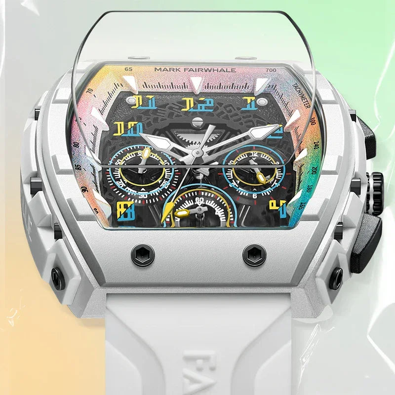 Modern motorsport-inspired chronograph with bold white case, colorful dial, and skeleton details.