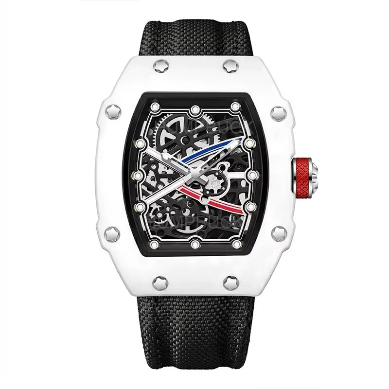 Luxury skeleton watch with white case, black strap, red crown, inspired by motorsport design
