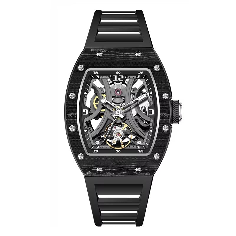Motorsport-inspired skeleton watch with tonneau carbon fiber case, open dial, and black strap