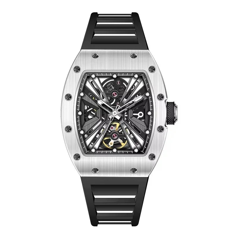 Luxury motorsport-inspired skeleton watch with tonneau case, exposed gears, and black strap