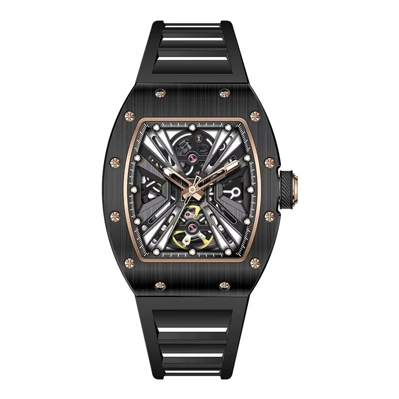 Luxury skeleton sports watch with black carbon fiber case, gold accents, and openwork dial