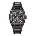 Black racing-inspired skeleton watch with rose gold accents and bold, luxury sport design