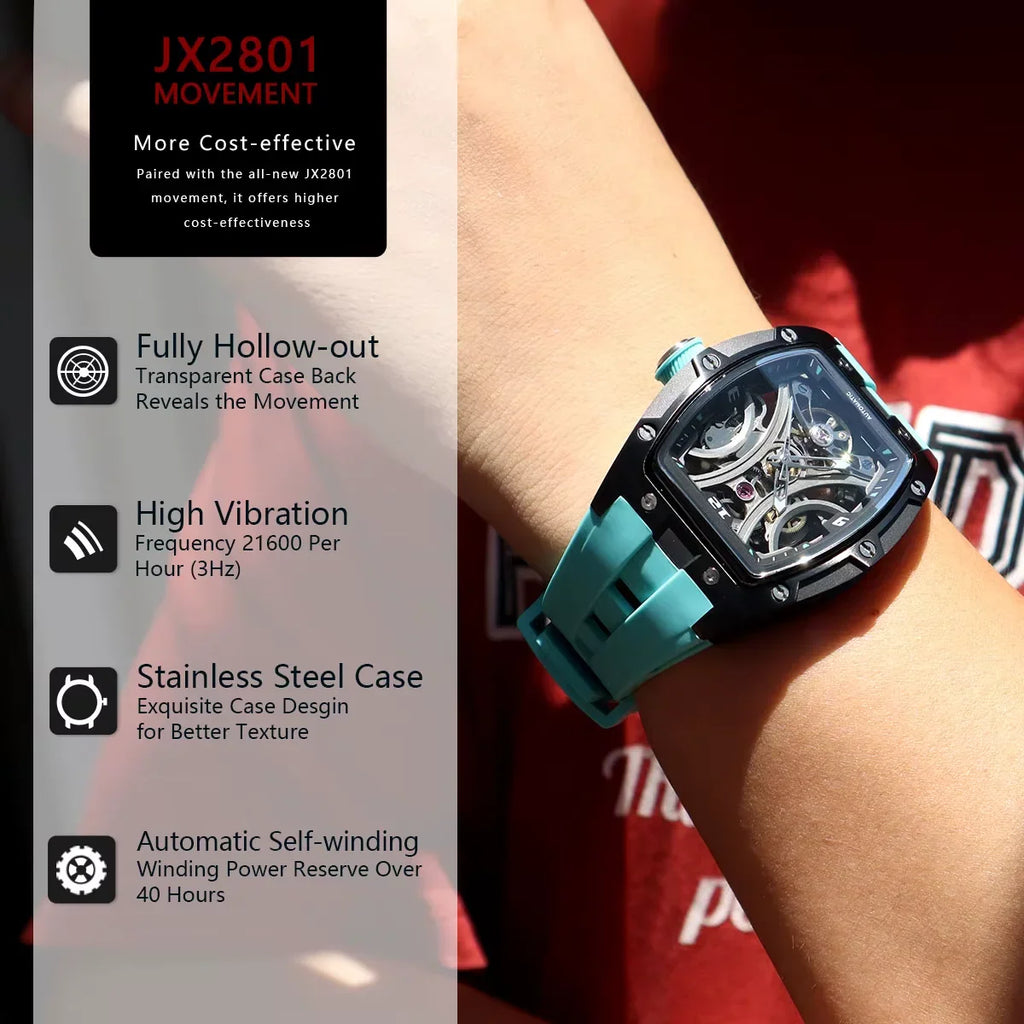 Luxury skeleton watch with turquoise strap, transparent case, and stainless steel design on wrist