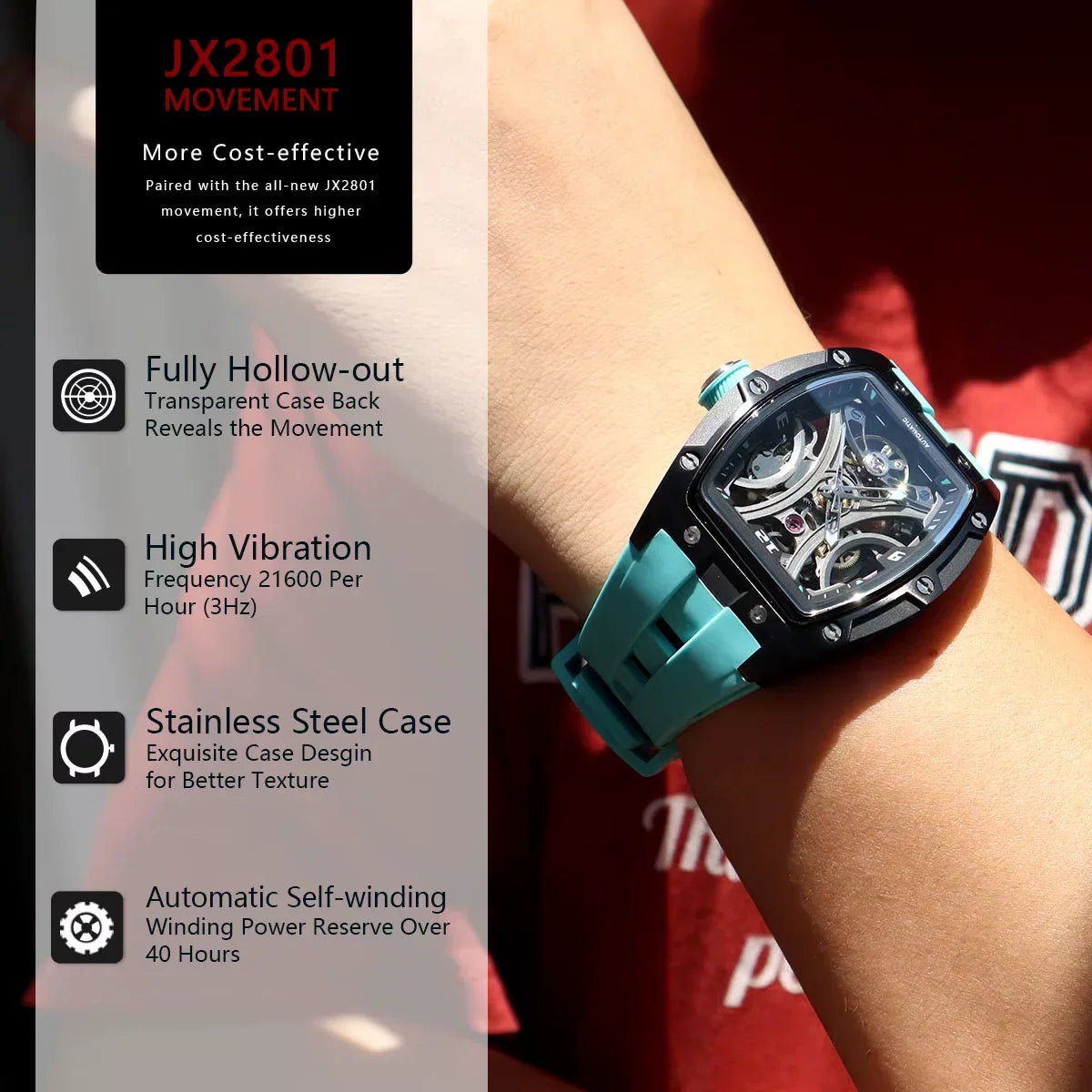 Luxury skeleton watch with turquoise strap, transparent case, and stainless steel design on wrist