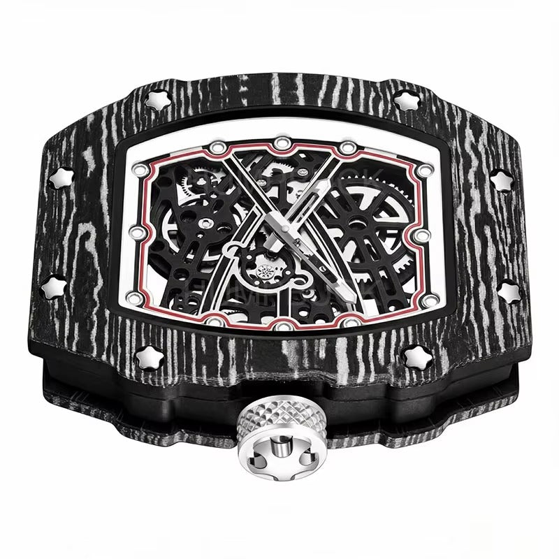 Carbon fiber skeleton watch with bold motorsport design, exposed gears, and sport-luxury aesthetic