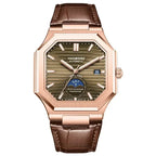 Luxury automatic watch with brown leather strap, rose gold octagonal case, green dial, and subdial