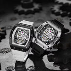 Two sport-luxury skeleton watches with skull dials, bold cases, black and white straps, racing-inspired design