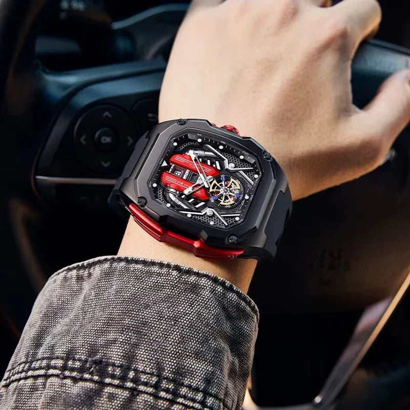 Luxury racing-inspired skeleton watch with red accents, worn on wrist, sport-luxury style