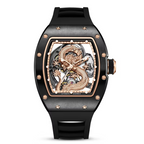 Luxury sport-inspired watch with black case, skeleton dial, and gold dragon detailing