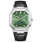 Luxury octagonal watch with green dial, subdial, date window, and black leather strap