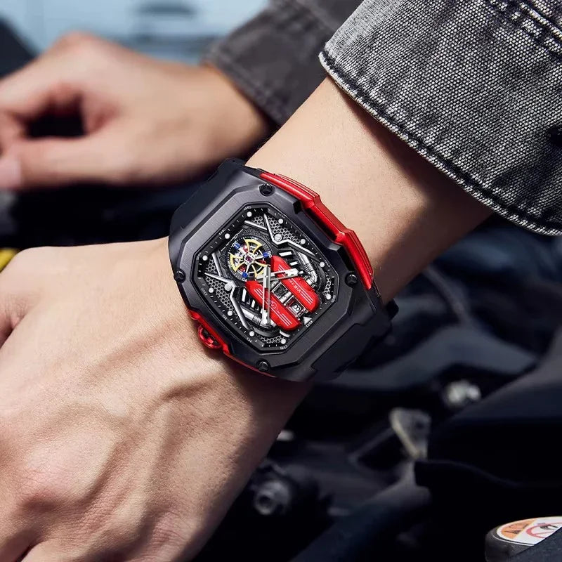Motorsport-inspired luxury watch with red accents and skeleton dial on wrist