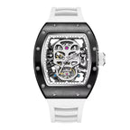 Luxury skeleton dial watch with skull design, black bezel, and white strap, motorsport-inspired