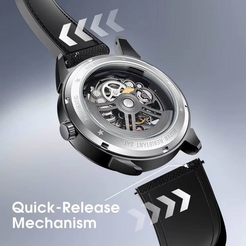 Luxury automatic watch with exposed mechanical movement and quick-release strap mechanism