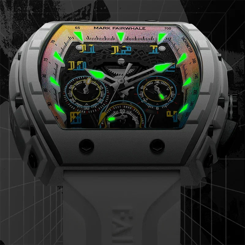 Racing-inspired sport-luxury watch with bold dial, chronograph subdials, and glowing markers