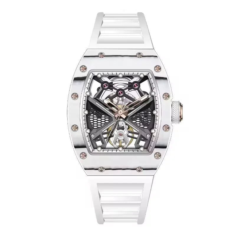 Skeleton dial luxury watch with tonneau-shaped silver case and visible gears, racing-inspired design