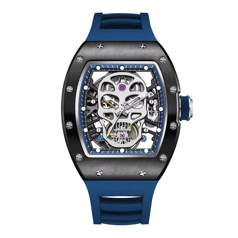 Motorsport-inspired luxury watch with blue strap and skeleton dial featuring a bold skull design