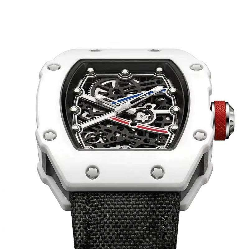White skeleton dial watch with red crown, carbon fiber case, motorsport-inspired design, bold luxury style