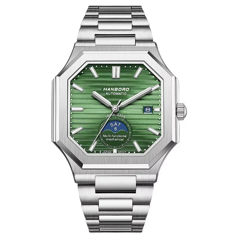 Luxury sport-inspired automatic watch with green octagonal dial, day-date display, and steel bracelet