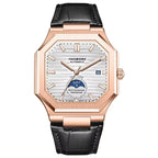 Luxury octagonal rose gold watch with silver dial, black leather strap, date and moonphase features