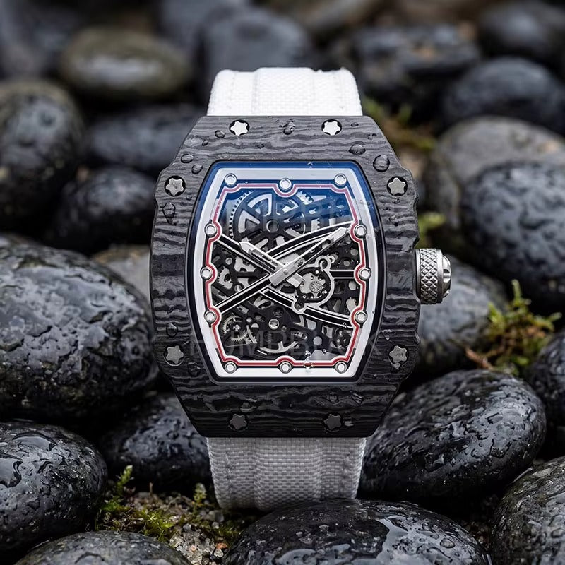Carbon fiber skeleton watch with bold motorsport design, inspired by luxury chronographs, on wet stones