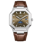 Luxury racing-inspired automatic watch with brown dial, multifunction display, and leather strap