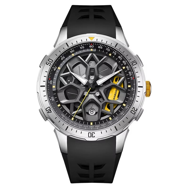 Motorsport-inspired skeleton dial watch with black strap, silver bezel, and yellow accents