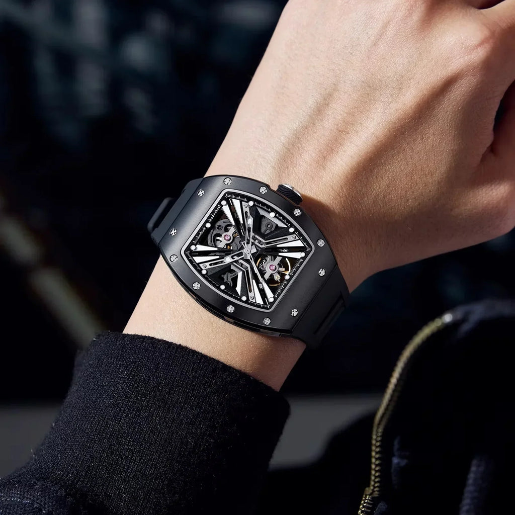 Luxury skeleton dial sport watch with black case and bold European design on wrist