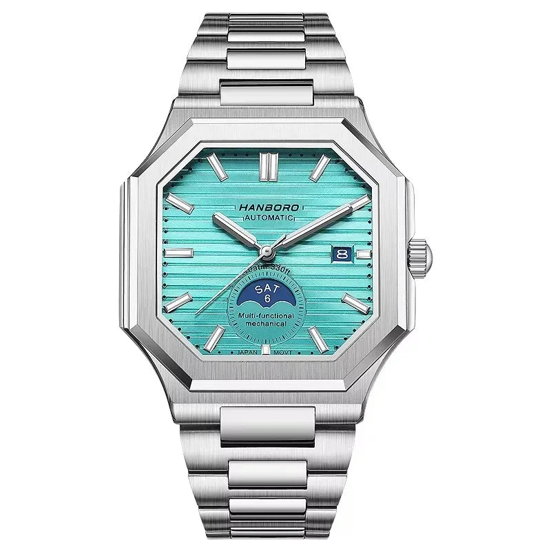Stainless steel automatic watch with aqua blue dial, octagonal case, and multi-function display