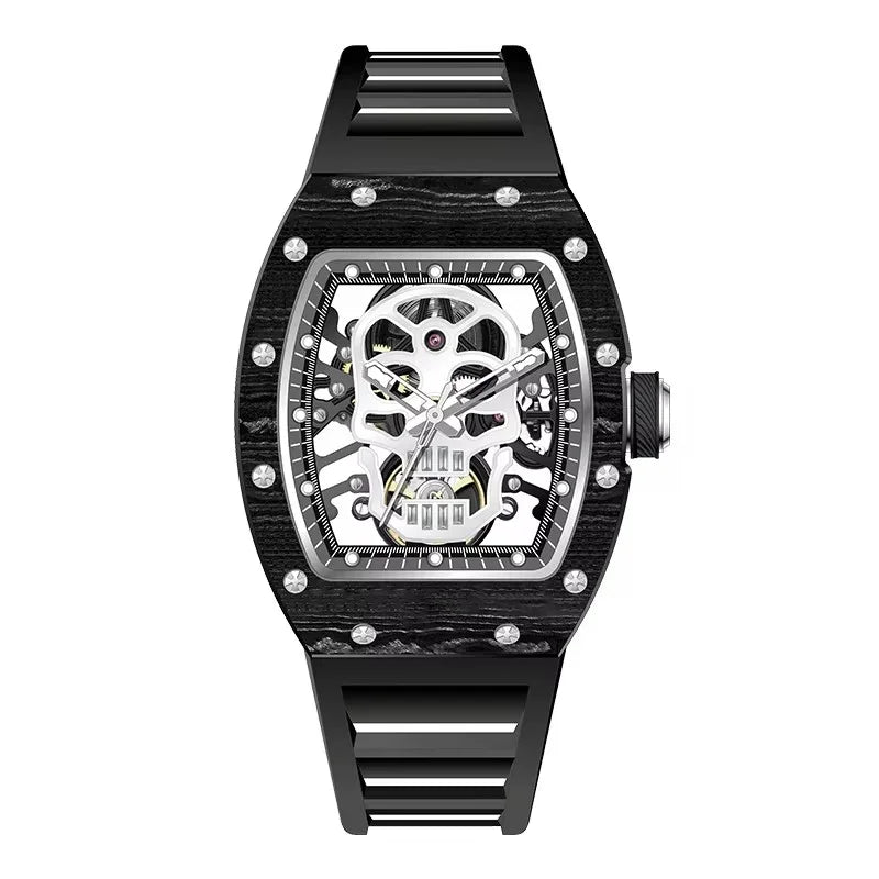 Luxury skeleton watch with black case, skull motif dial, and motorsport-inspired design