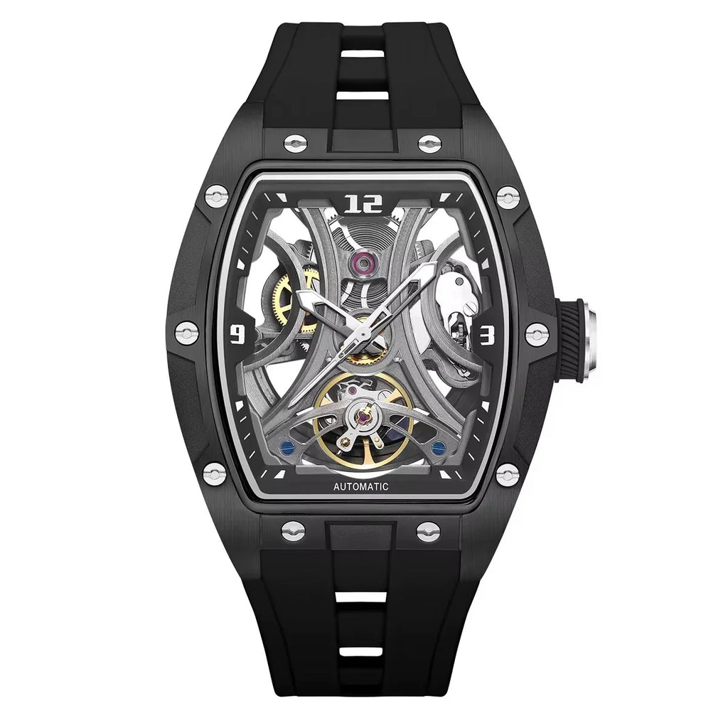 Skeleton dial automatic watch with black tonneau case, exposed gears, and sporty rubber strap