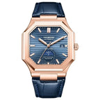 Luxury octagonal rose gold watch with blue dial, day-date display, and blue leather strap