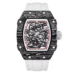 Carbon fiber case skeleton watch with white strap, motorsport-inspired luxury timepiece for bold style