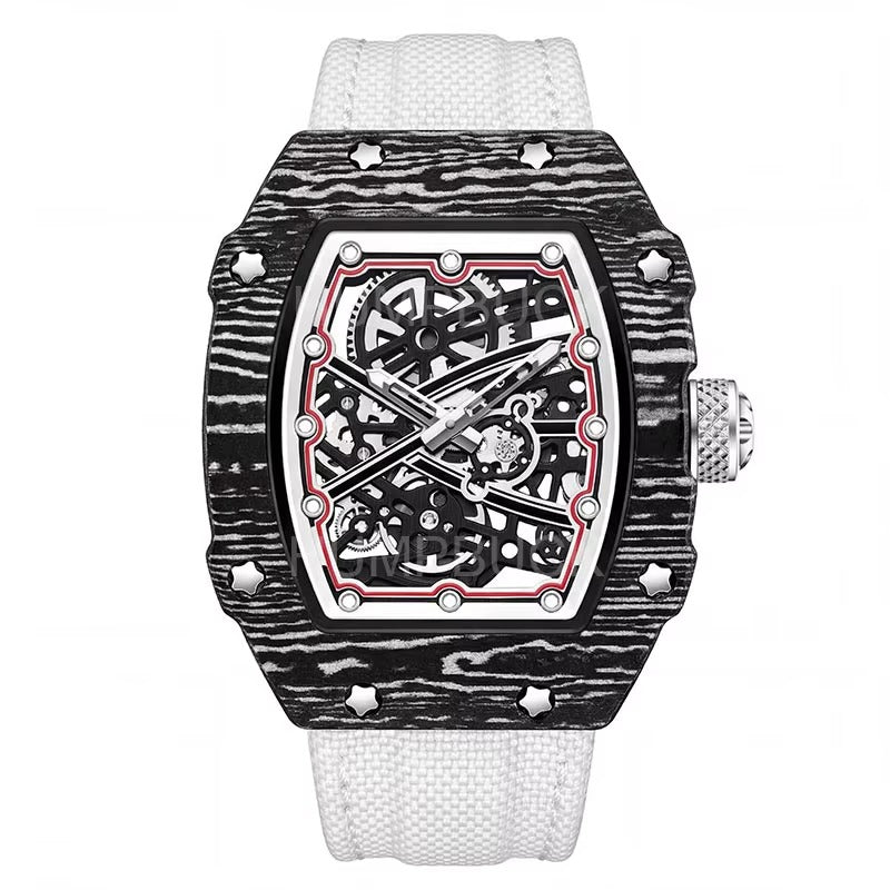 Carbon fiber case skeleton watch with white strap, motorsport-inspired luxury timepiece for bold style
