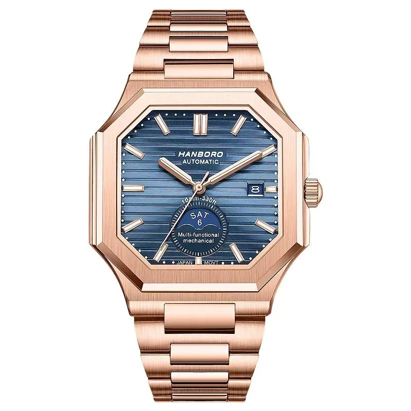 Rose gold luxury sport watch with blue dial, octagonal case, and day-date display
