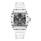 Luxury racing-inspired skeleton watch with silver case, exposed mechanics, and white metal strap