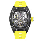 Skeleton dial automatic sport watch with black case and bold yellow strap, motorsport inspired design.