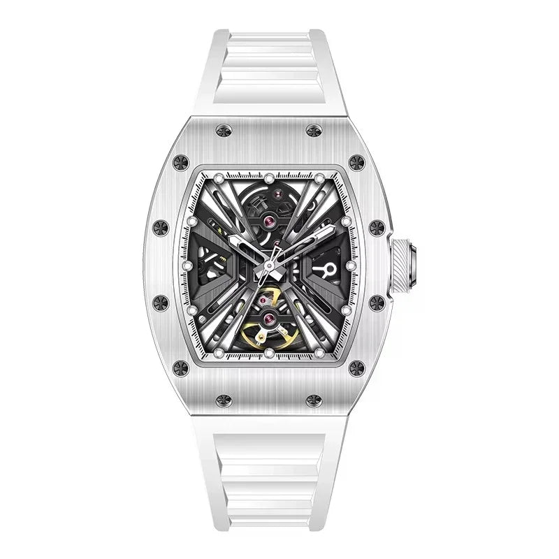 Luxury tonneau-shaped skeleton watch with metallic case, visible gears, and white strap