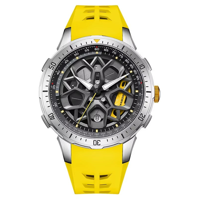 Motorsport-inspired skeleton dial watch with yellow rubber strap, bold sport-luxury design